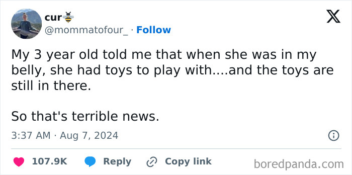 A tweet humorously highlights awkward conversations between parents and kids about imaginary toys in the womb.