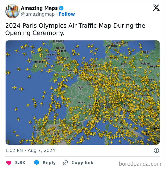 Crowded air traffic map of Europe during the 2024 Paris Olympics, highlighting perspective changes with numerous plane icons.