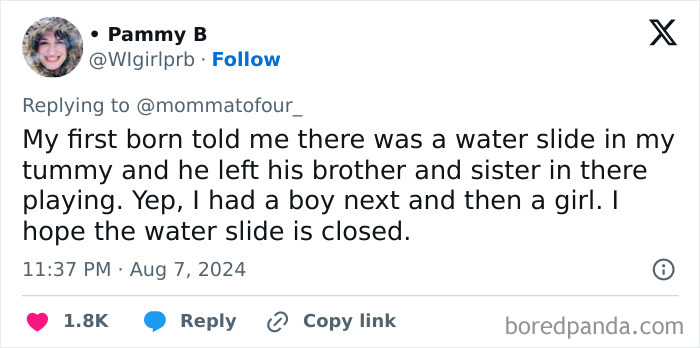 Tweet about awkward parents-kids conversations discussing a child's imaginative story about siblings in a tummy water slide.