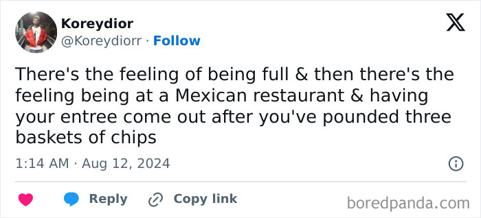 A funny food meme about feeling full at a Mexican restaurant after too many chips.