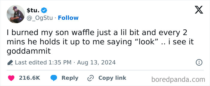 Tweet about a parent and child conversation over a slightly burnt waffle.