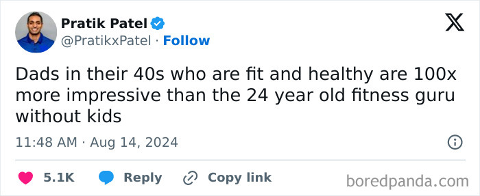 Tweet by Pratik Patel about fit dads in their 40s compared to young fitness gurus.