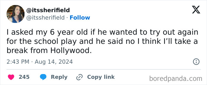 Tweet about a humorous conversation between a parent and child, featuring a child's comment on Hollywood.