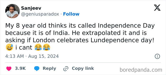 Tweet about an awkward parent-kid conversation discussing "Lundependence Day" misunderstanding.