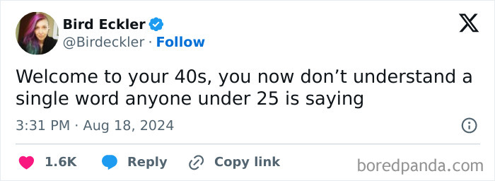 Tweet by Bird Eckler humorously describing communication challenges in your 40s.