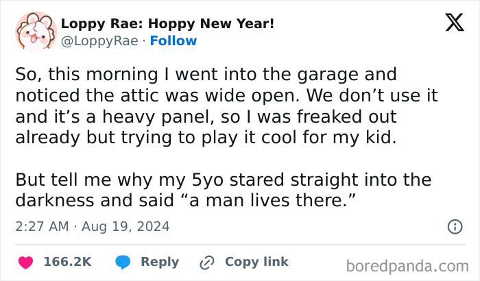 Tweet about awkward parents-kids conversations with a humorous story involving a child's eerie statement about the attic.