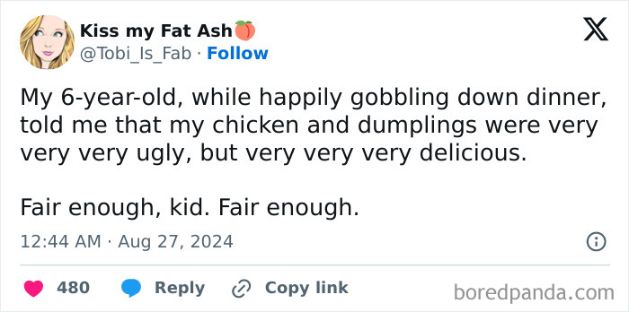 Tweet highlighting an awkward conversation with a kid about the taste and appearance of dinner.