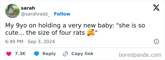 Tweet about awkward parents kids conversations with a child comparing a baby's size to four rats.