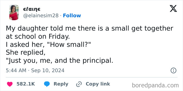 Tweet about a kid's humorous school invitation featuring the principal.