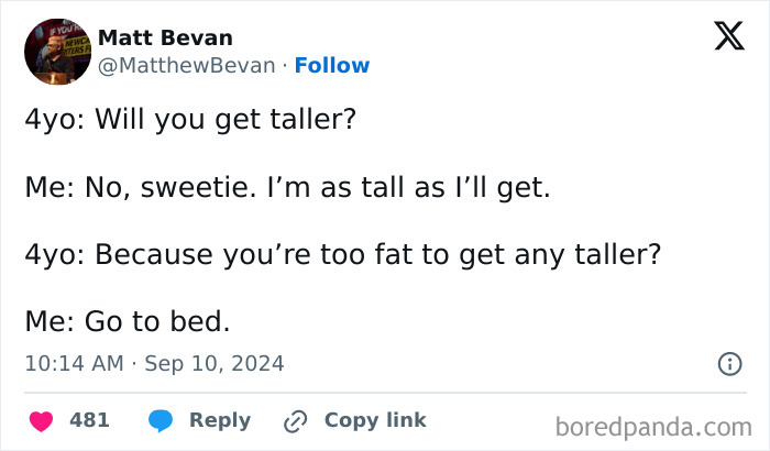 Parent and child having an awkward conversation about height and weight.