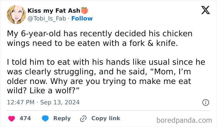 Tweet about a humorous conversation between a parent and child on using utensils for chicken wings.