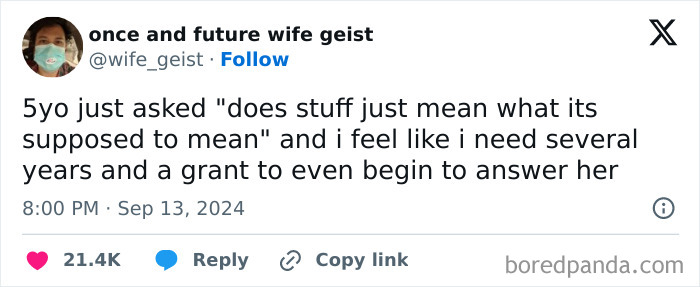 Tweet about a parent's humorous challenge answering a child's profound question, related to awkward parent-kid conversations.