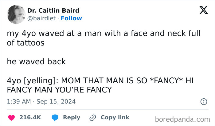 Tweet about an awkward parents kids conversation, featuring a child's comment on a tattooed man.