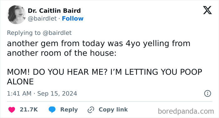 Humorous tweet about parents and kids conversations, child shouting about bathroom privacy.