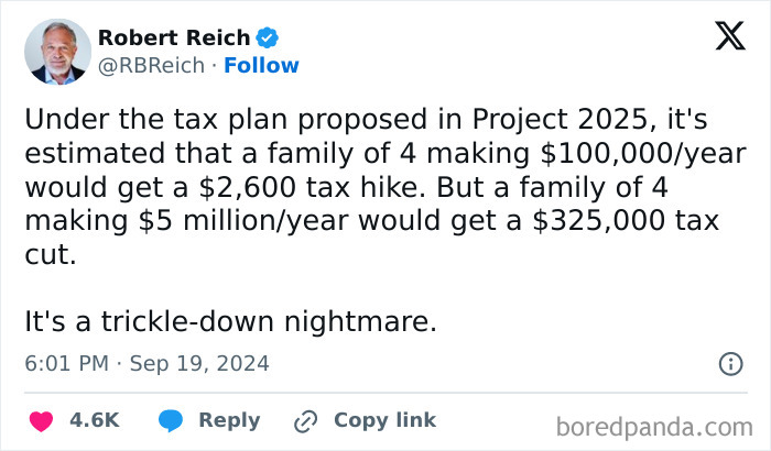 Text discussing tax impacts on varying income families, highlighting economic disparity and a potential boring dystopia.