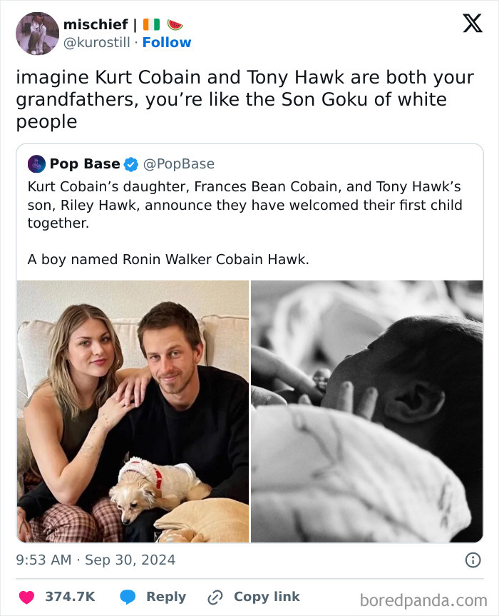 Couple with a dog and a black-and-white photo of a baby, illustrating a bizarre sentence about famous grandfathers.