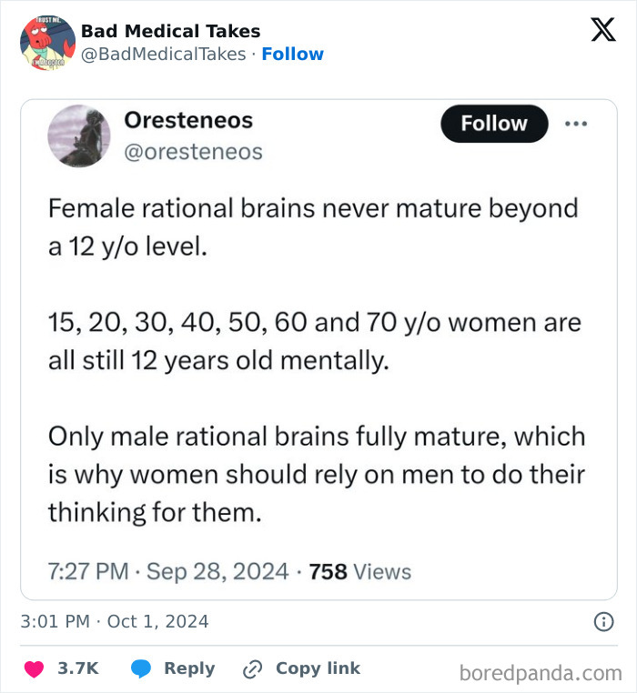 A screenshot of a Twitter post from "@BadMedicalTakes" highlighting a controversial view, tagged as one of the "2024 Dumbest Posts."