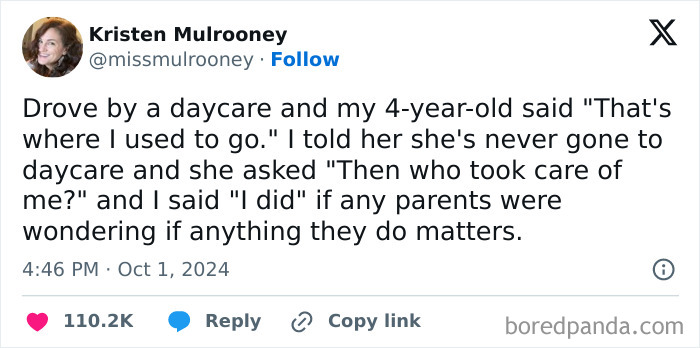 Tweet sharing awkward parents and kids conversation about daycare and parenting.