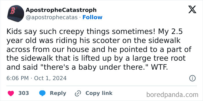 Tweet about a toddler saying something creepy, featuring a story shared by a user.