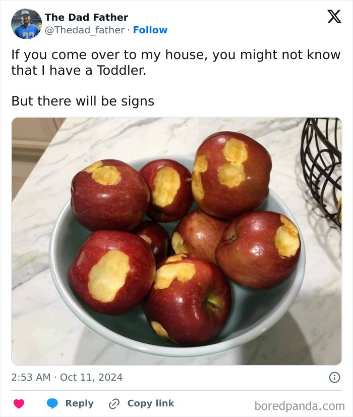 A bowl of apples with bites taken out, humorously illustrating the daily struggles of a dad.