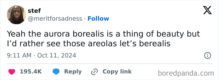 Funny brand new sentence about aurora borealis and areolas in a tweet by user stef.