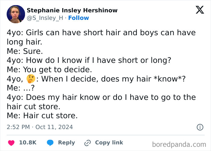 Tweet showing a humorous conversation between a parent and a child about hair length, highlighting awkward parent-kid exchanges.