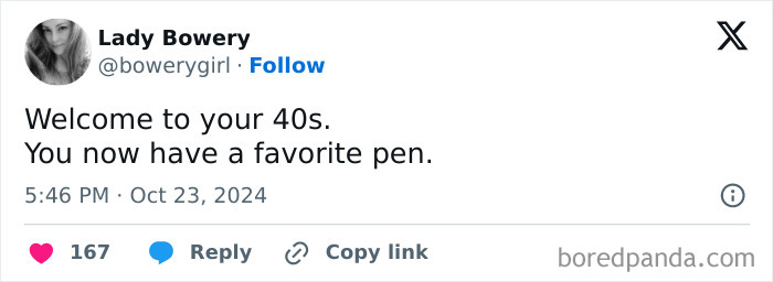 Tweet about being in your 40s, humorously noting having a favorite pen.