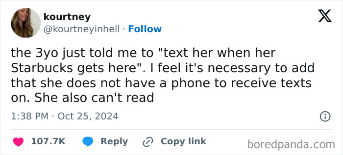 Tweet about an awkward parents kids conversation regarding texting a 3-year-old without a phone or reading skills.