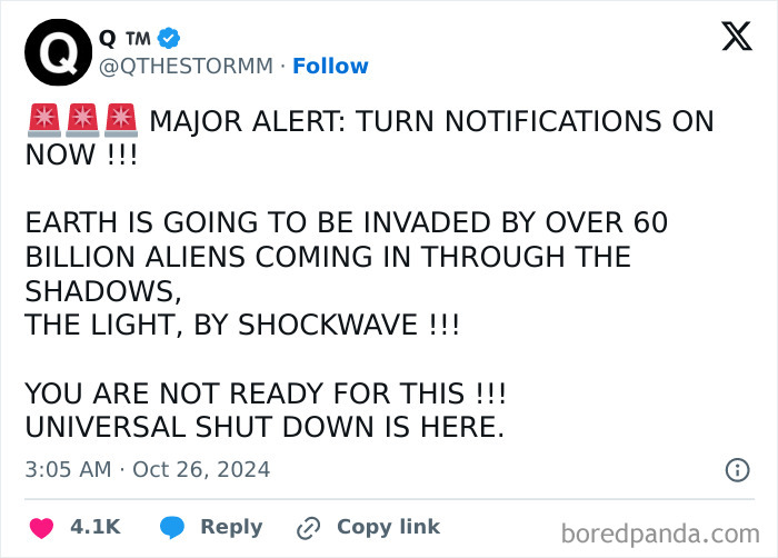 Tweet featuring a bizarre brand new sentence about an alien invasion warning and universal shutdown alert.