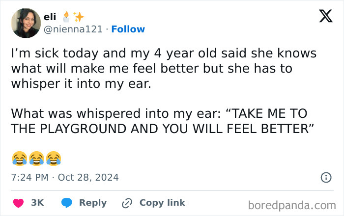 Text from a social media post about a toddler's heartwarming remark, suggesting a playground visit for feeling better.