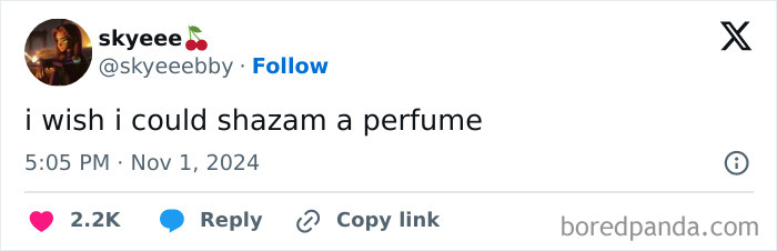 Screenshot of a tweet by a woman saying, "I wish I could Shazam a perfume."