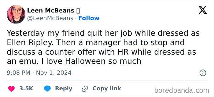 Social media post by a woman humorously describing a Halloween office incident involving costumes.