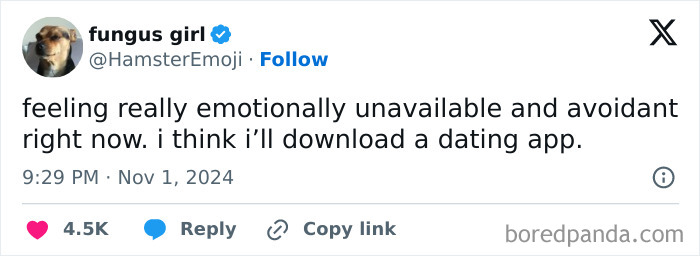 Tweet by a woman humorously mentioning feeling emotionally unavailable and deciding to download a dating app.