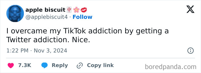 Twitter post humor by women comparing TikTok and Twitter addictions.