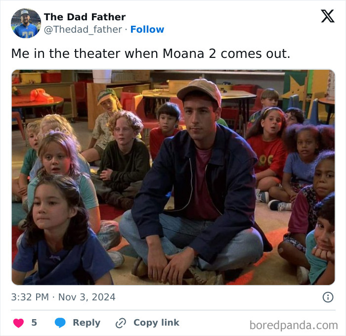 Dad humor meme showing a man in a theater surrounded by kids, capturing the joys and struggles of a dad.