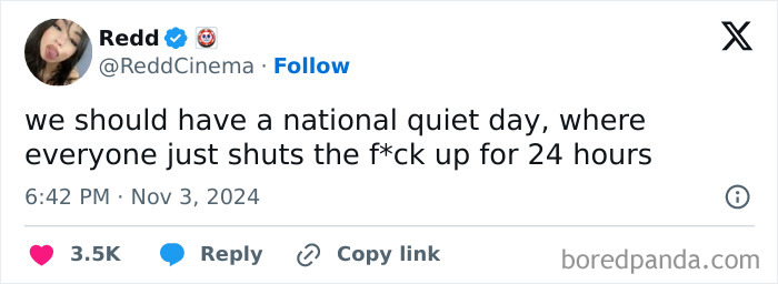 Tweet by a woman humorously suggesting a national quiet day where everyone is silent for 24 hours.