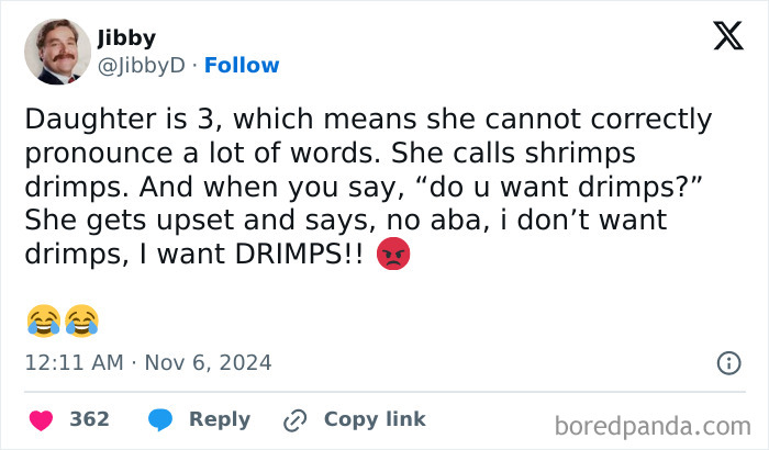 Tweet about a toddler's funny mispronunciation, saying "drimps" instead of shrimps, causing a humorous exchange.