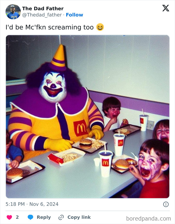 A dad meme displaying kids screaming at a table with a colorful clown mascot in a fast food setting.