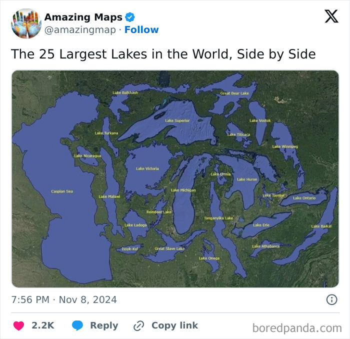 Map of the 25 largest lakes in the world shown side by side, changing perspective on their sizes.