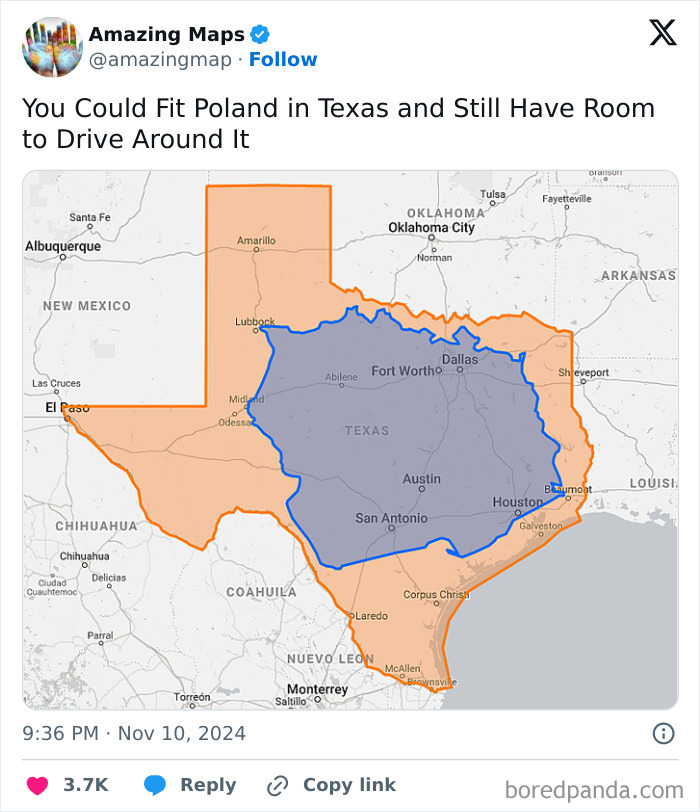 Map comparing the size of Poland and Texas, highlighting how Poland fits within Texas. Maps that change perspective.