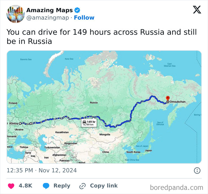 Map showing a 149-hour drive across Russia from Klintsy to Omsukchan, illustrating vast distances.