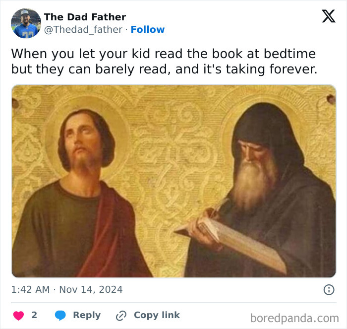 A dad meme showing two figures, one reading slowly, humorously reflecting bedtime struggles.