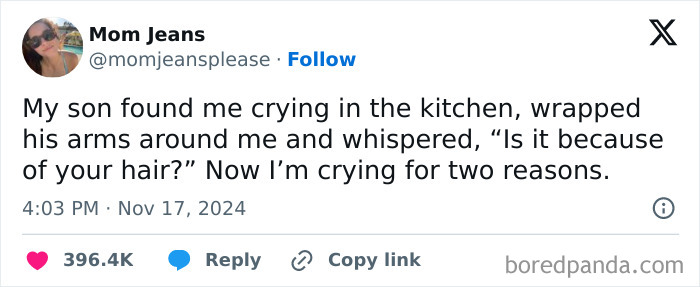 Tweet about a humorous conversation between parents and kids, involving a child comforting a crying parent in the kitchen.