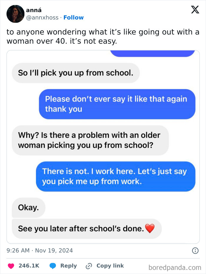 Text conversation humorously depicting life in your 40s about being picked up from school.