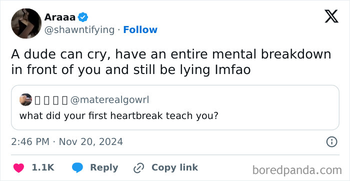 A dating meme about heartbreak highlighting quirky relationship insights.