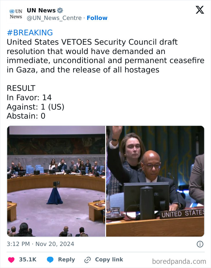 U.S. vetoes Security Council resolution on Gaza ceasefire; vote result: 14 favor, 1 against.