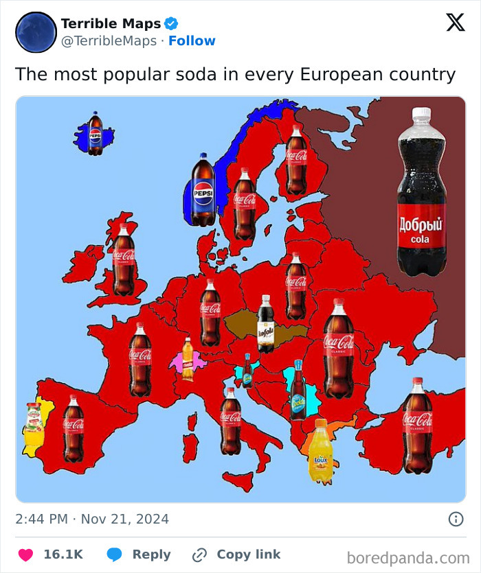 Map showing popular sodas by European country with Coca-Cola and Pepsi featured prominently, changing perspective on preferences.