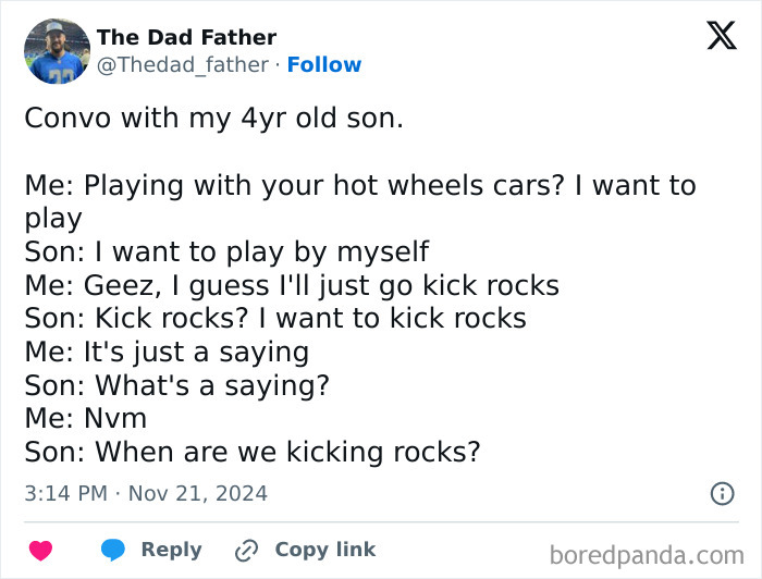 Funny dad meme about a conversation with a 4-year-old son interpreting the phrase "kick rocks" literally.