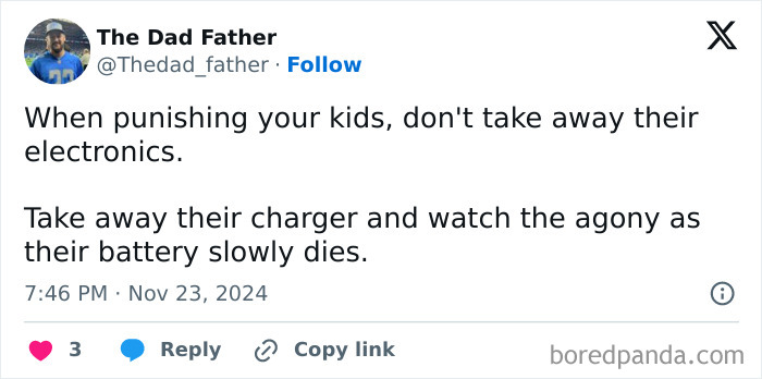 A dad joke meme about parenting, suggesting taking away kids' chargers instead of electronics for punishment.