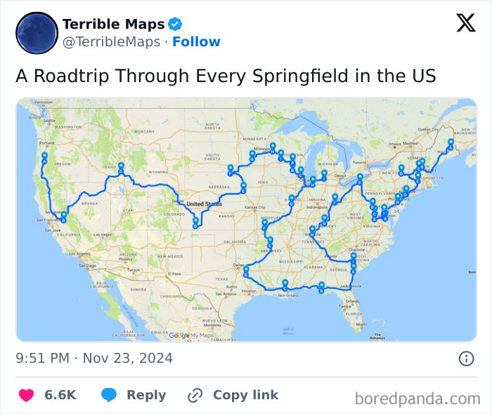 Map showing a road trip route through various Springfields in the US, highlighting unique travel perspectives.